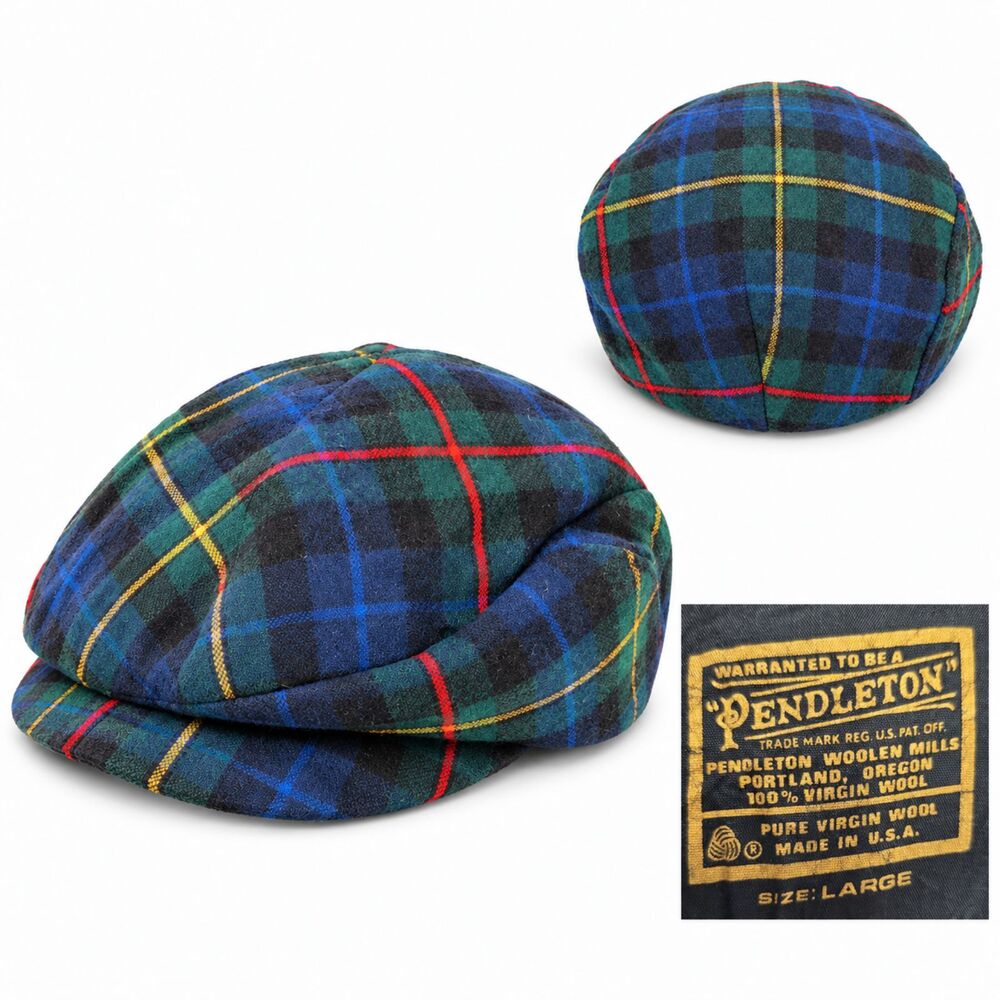 Vintage Flat Cap Pendleton Wool Green Tartan Plaid USA Golf Lining Men's Large
